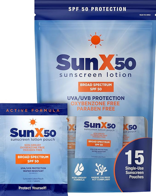CoreTex Sun X 50 SPF Broad Spectrum Sunscreen Packets with Resealable Travel Bag - Pack of 15 Paraben, Oxybenzone, Octinoxate, & Oil Free Sunscreen - Water & Sweat Resistant Up to 80 Minutes-GlimoraGlow