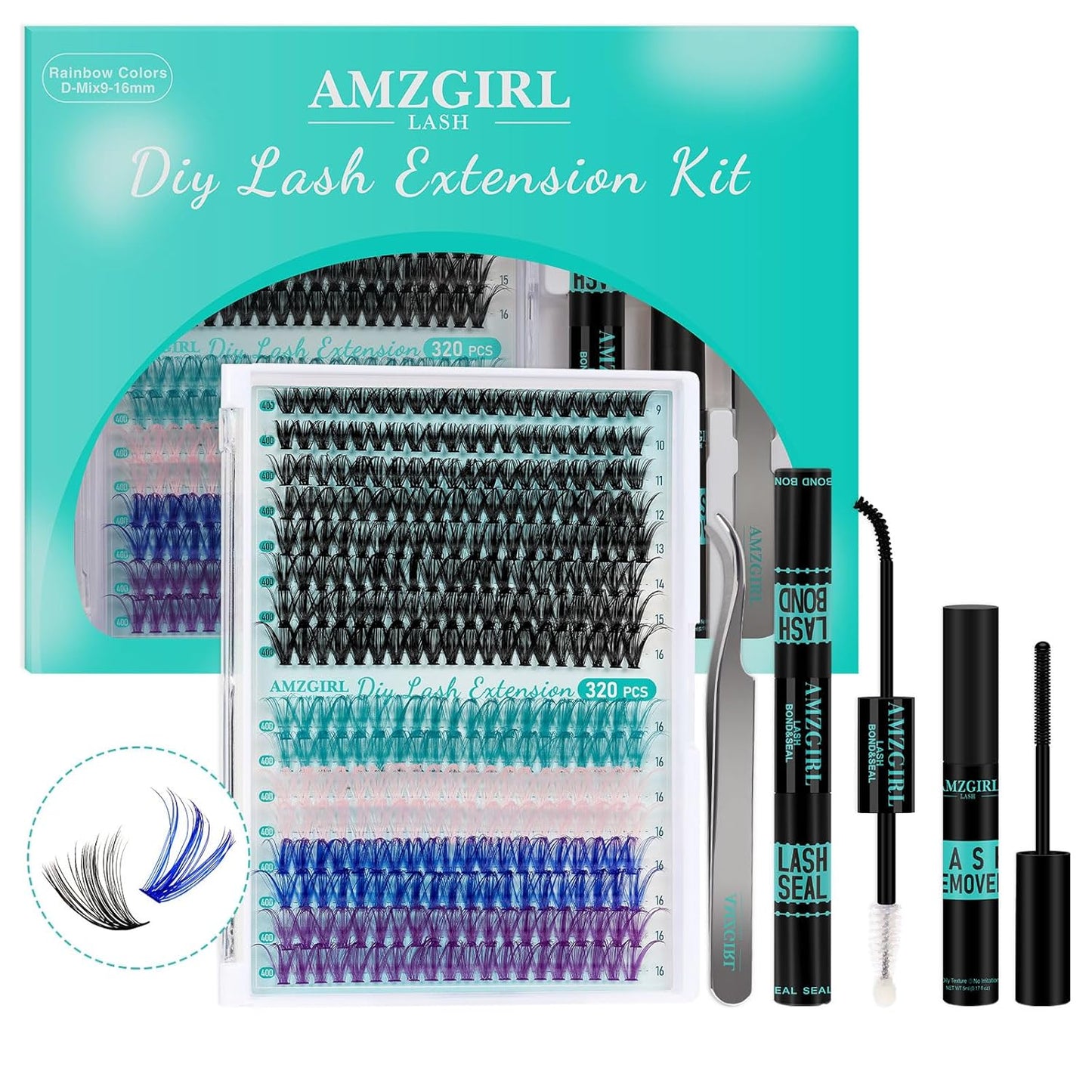 Lash Extension Kit 320Pcs,DIY Individual Lashes Clusters Kit,Lash Bond And Seal,Lash Remover For Colorful Eyelashes Extensions,Lash Applicator Tools For False Eyelash Cluster Kit(40D,D-Mix9-16mm Kit)-GlimoraGlow