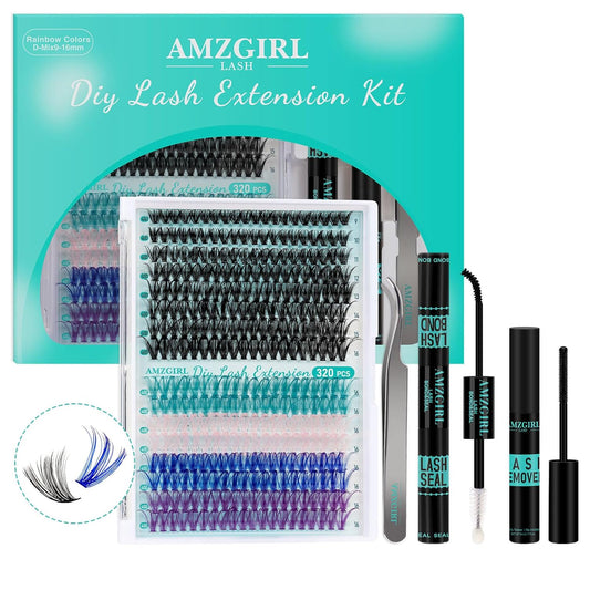 Lash Extension Kit 320Pcs,DIY Individual Lashes Clusters Kit,Lash Bond And Seal,Lash Remover For Colorful Eyelashes Extensions,Lash Applicator Tools For False Eyelash Cluster Kit(40D,D-Mix9-16mm Kit)-GlimoraGlow