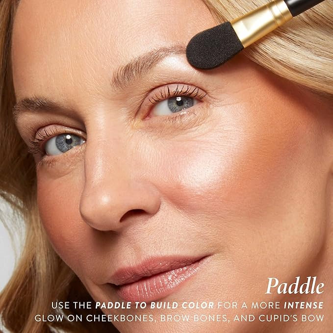 LAURA GELLER NEW YORK Dual-Ended Highlighter Brush - Multipurpose Makeup Brush for Highlighter, Blush, Bronzer and More - Includes Dual-Fiber Vegan Bristles and Satin Paddle for Flawless Application-GlimoraGlow