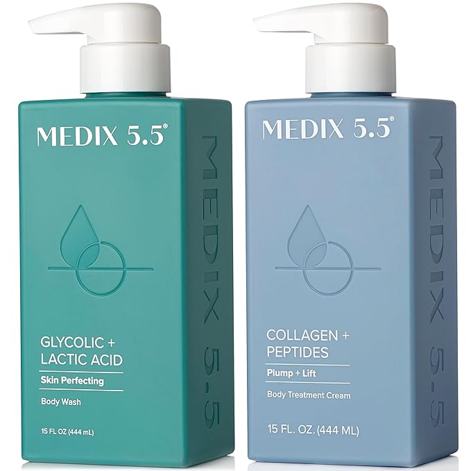Medix 5.5 Exfoliating AHA Glycolic Acid Face & Body Scrub Cleanser + Collagen Moisturizing Body Cream Lotion Skin Care 2PC Set | Alpha Hydroxy Acid & Lactic Acid Foaming Body Wash & Face Wash, 2-PC-GlimoraGlow