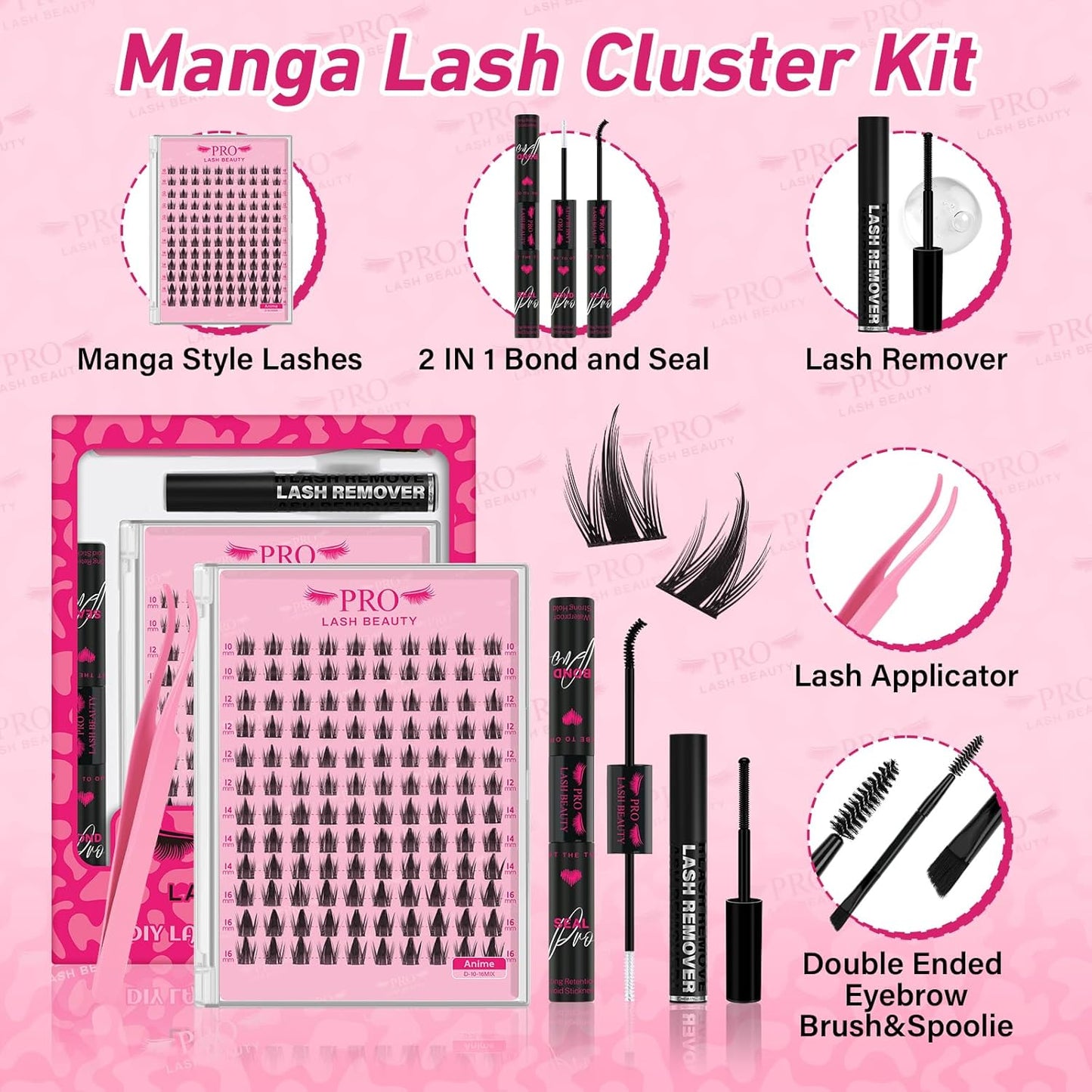 PROLASHBEAUTY Manga Lash Clusters Kit Anime Lash Clusters Volume Fairy Ultra-Thin Band Spike Lashes with Lash Bond and Seal Applictor Remover (Anime,10-16mix)-GlimoraGlow