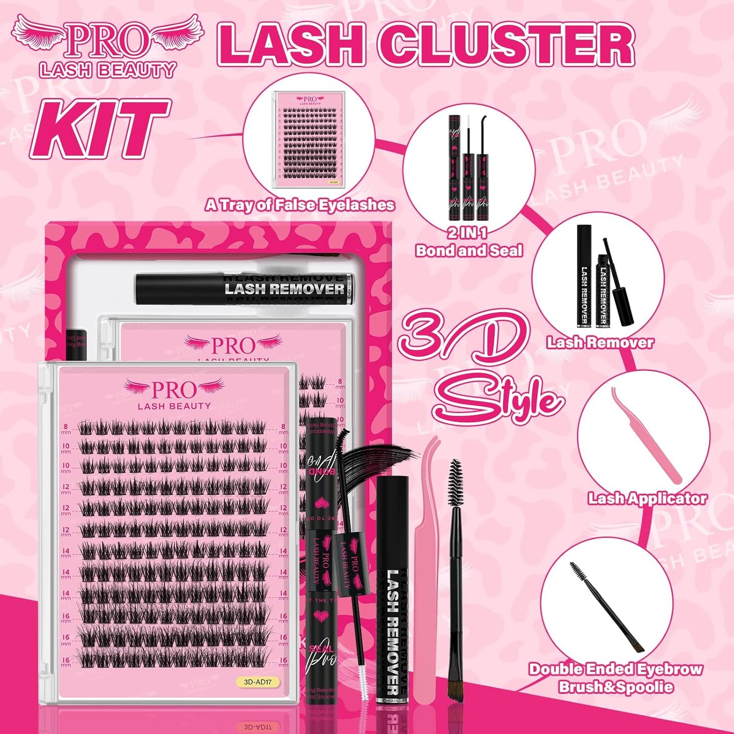 PROLASHBEAUTY Lash Clusters Kit 3D Volume Plushy Eyelash Clusters Kit Ultra Thin Band Soft Clusters Lashes Kit with Waterproof Lash Bond and Seal Remover (Attraction-3D, 8-16mix)-GlimoraGlow