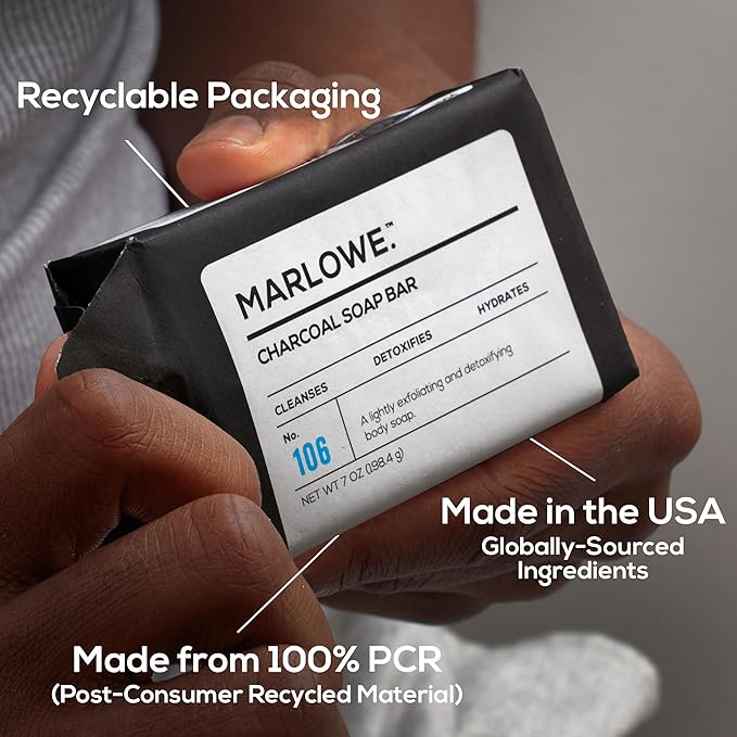 MARLOWE. No. 106 Charcoal Soap 7 oz (12 Bars) Body Bar Soap for Men, Cleansing, Purifying & Hydrating with Natural Extracts, Shea Butter, Olive Oil & Green Tea Extracts, Fresh Woodsy Scent-GlimoraGlow