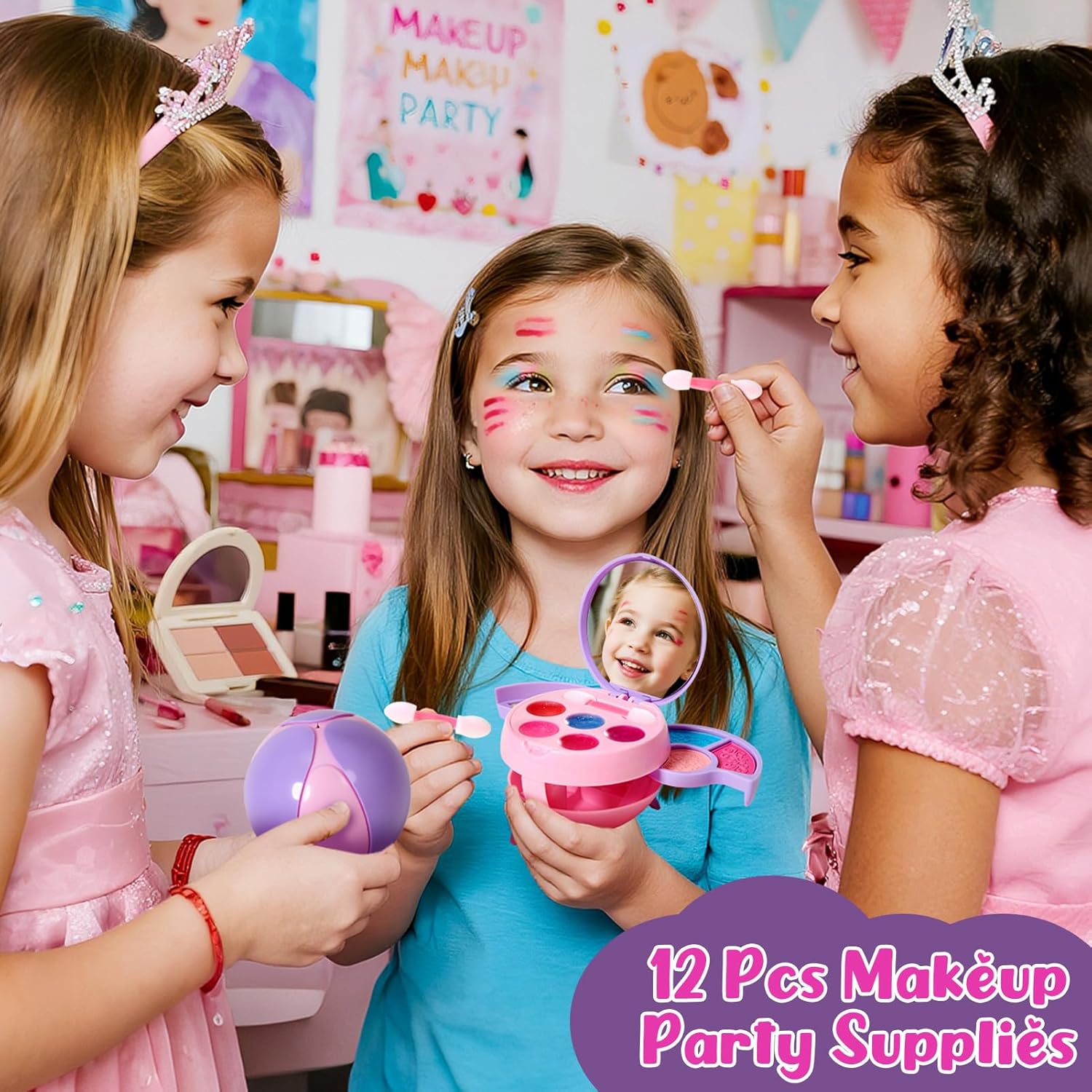 12 Pack Kids Makeup Blind Ball Party Favors - Surprise Cosmetic Blind Balls with Lip Gloss, Eyeshadow & Sponge Blusher (3 Styles, 2 with Mirrors), Party Favors Supplies Gifts for Girls-GlimoraGlow