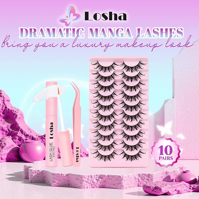 Losha Lashes Spiky Manga Lashes Wet Look Dramatic False Eyelashes 10 Pairs D Curl Cat Eye Lashes Kit with Lash Glue and Lash Tweezers Cosplay Anime Fake Eyelashes (Daring)-GlimoraGlow