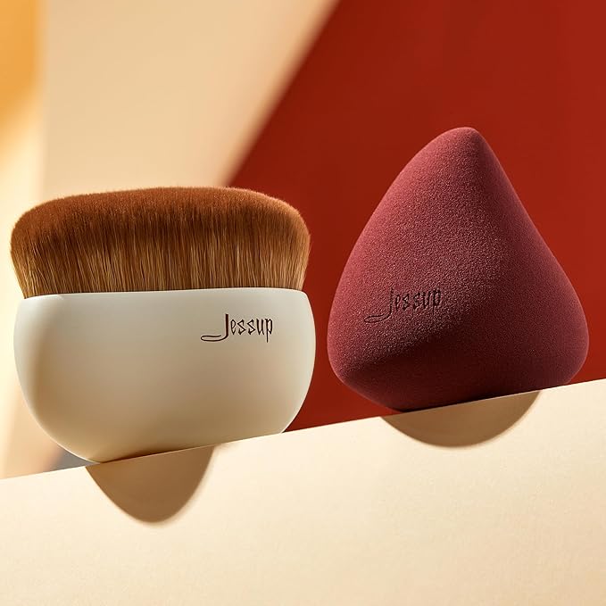 Jessup Makeup Brush Foundation Brush with Makeup Sponge 1pc Kabuki Brush for Liquid, Cream or Flawless Powder Cosmetic Face Boby Brush, T882-GlimoraGlow