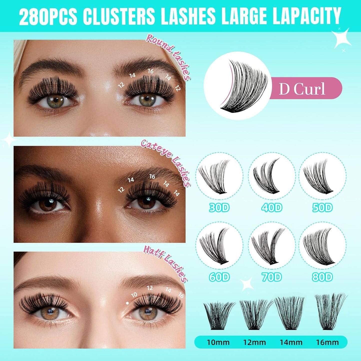 Lash Clusters Wispy 280PCS Eyelash Extension 80D Cluster Lashes Individual Lashes DIY Lash Extension Natural Look Cluster Eyelash Extensions Soft False Eyelashes at Home for Beginners(14mm)-GlimoraGlow