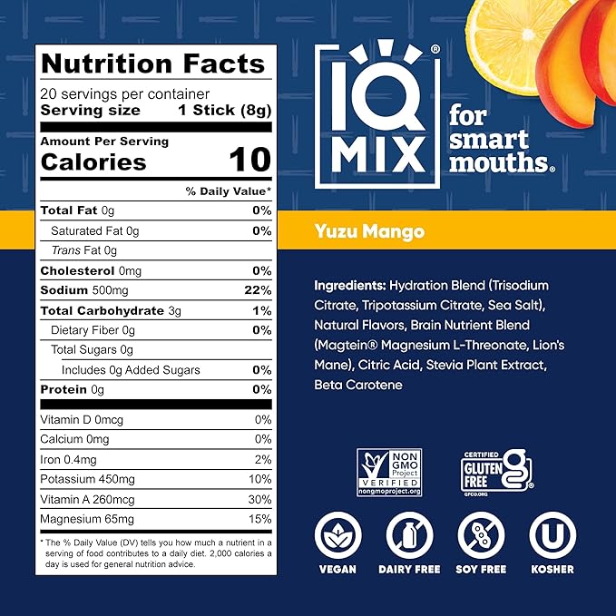 IQMIX x Chef Thomas Keller - Hydration Electrolyte Powder – 4-in-1 Formula for Hydration, Mental Clarity, Mood and Recovery – Sugar-Free, Keto, Magnesium L-Threonate, Lion’s Mane – 20 Count Yuzu Mango-GlimoraGlow