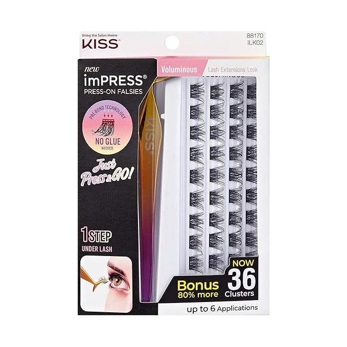 KISS imPRESS Falsies Self Adhesive Eyelashes, Press On Lashes, 12mm-14mm Glam Volume Lashes, Black, No Glue Needed, Invisible Band, 36 Lash Clusters & Non-Stick Applicator - Voluminous-GlimoraGlow