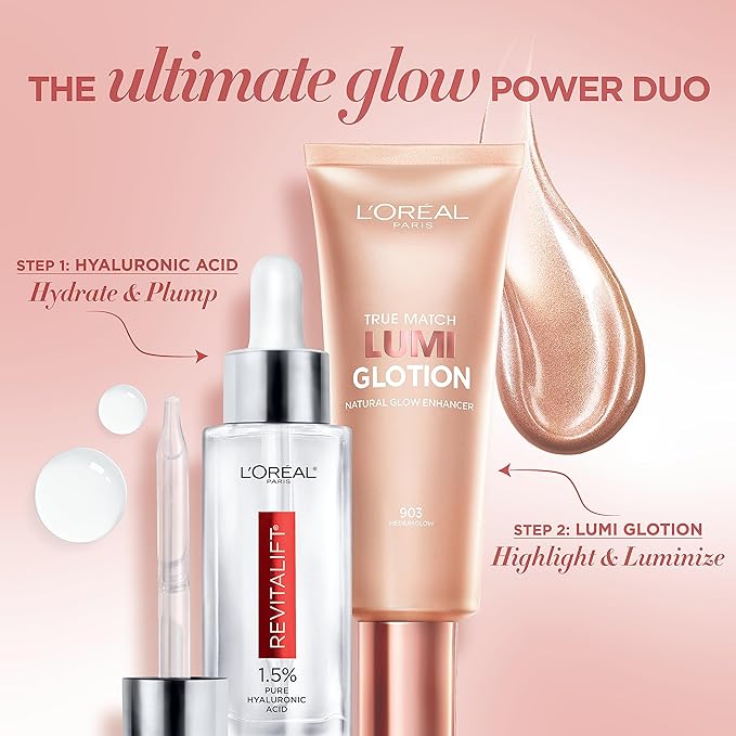 L'Oreal Paris Revitalift 1.5% Pure Hyaluronic Acid Face Serum 1.0 oz + True Match Lumi Glotion Natural Glow Enhancer Lotion, Medium 1.35 fl. oz, 1 kit-GlimoraGlow