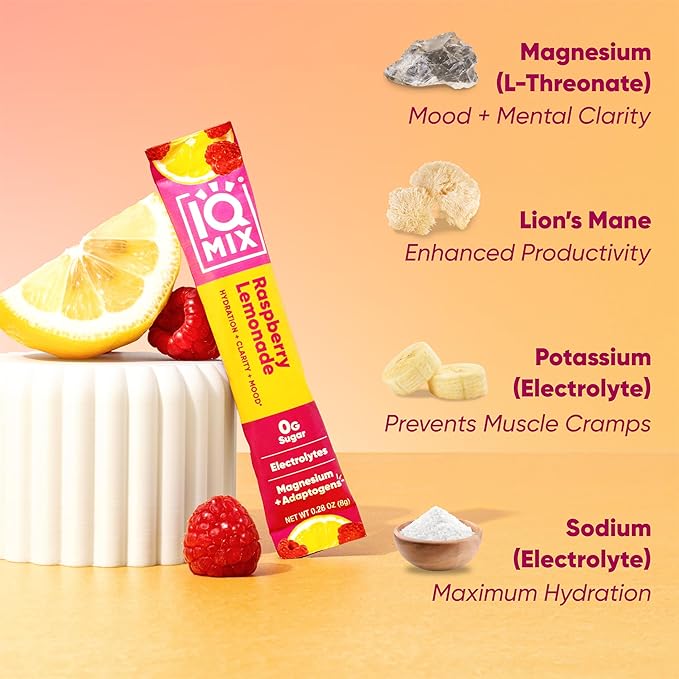 IQMIX Hydration Electrolyte Powder – 4-in-1 Formula for Hydration, Mental Clarity, Mood and Recovery – Sugar-Free Drink Mix, Keto, Magnesium L-Threonate, Lion’s Mane – 20 Count New Raspberry Lemonade-GlimoraGlow