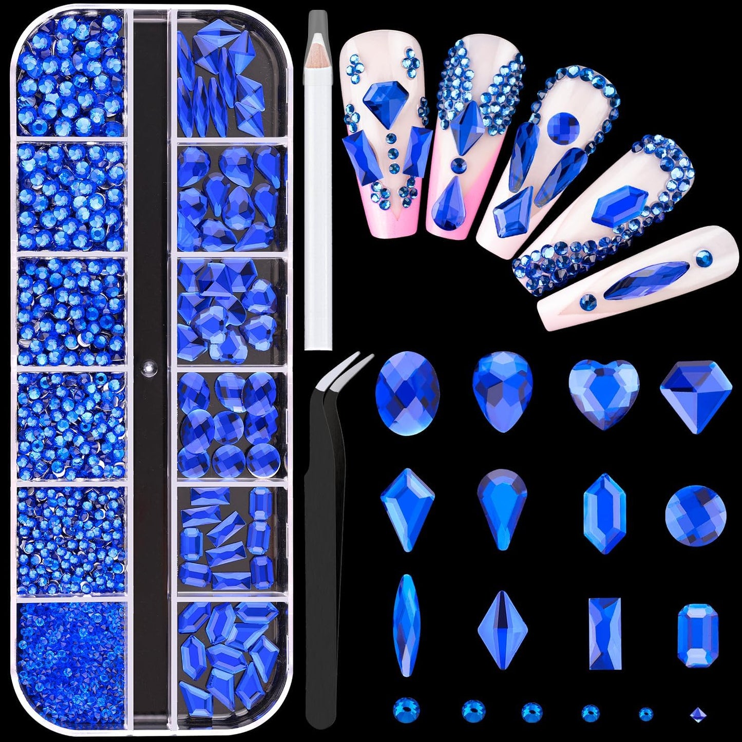 2060Pcs Royal Blue Glass Nail Rhinestones 60Pcs Multi Shapes Flatback Nail Gems + 2000Pcs 1.5-4mm Round Crystal, Manicure Nail Charms Diamond Gemstones for Acrylic Nails Decoration-GlimoraGlow