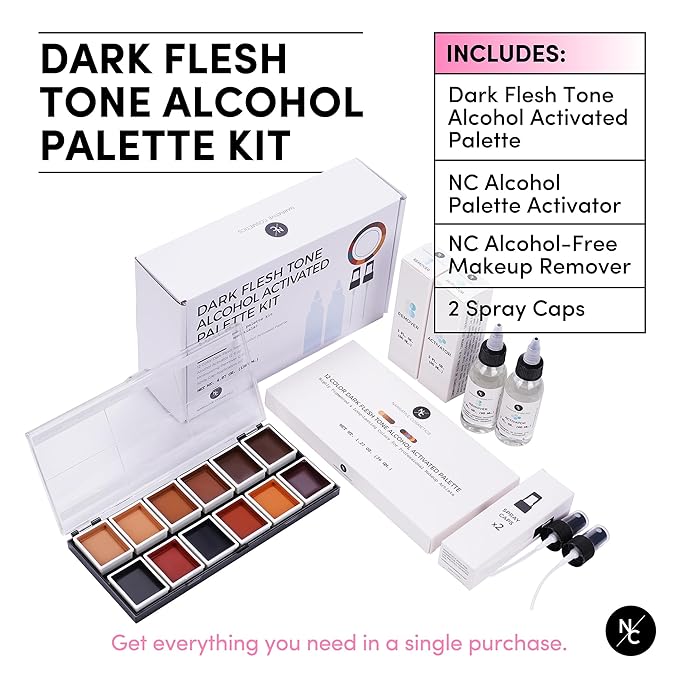 12 Color Dark Flesh Tone Alcohol Activated Makeup Palette Kit - Includes Alcohol Activator and Moisturizing Remover - Waterproof Makeup for Professional Makeup Artists-GlimoraGlow