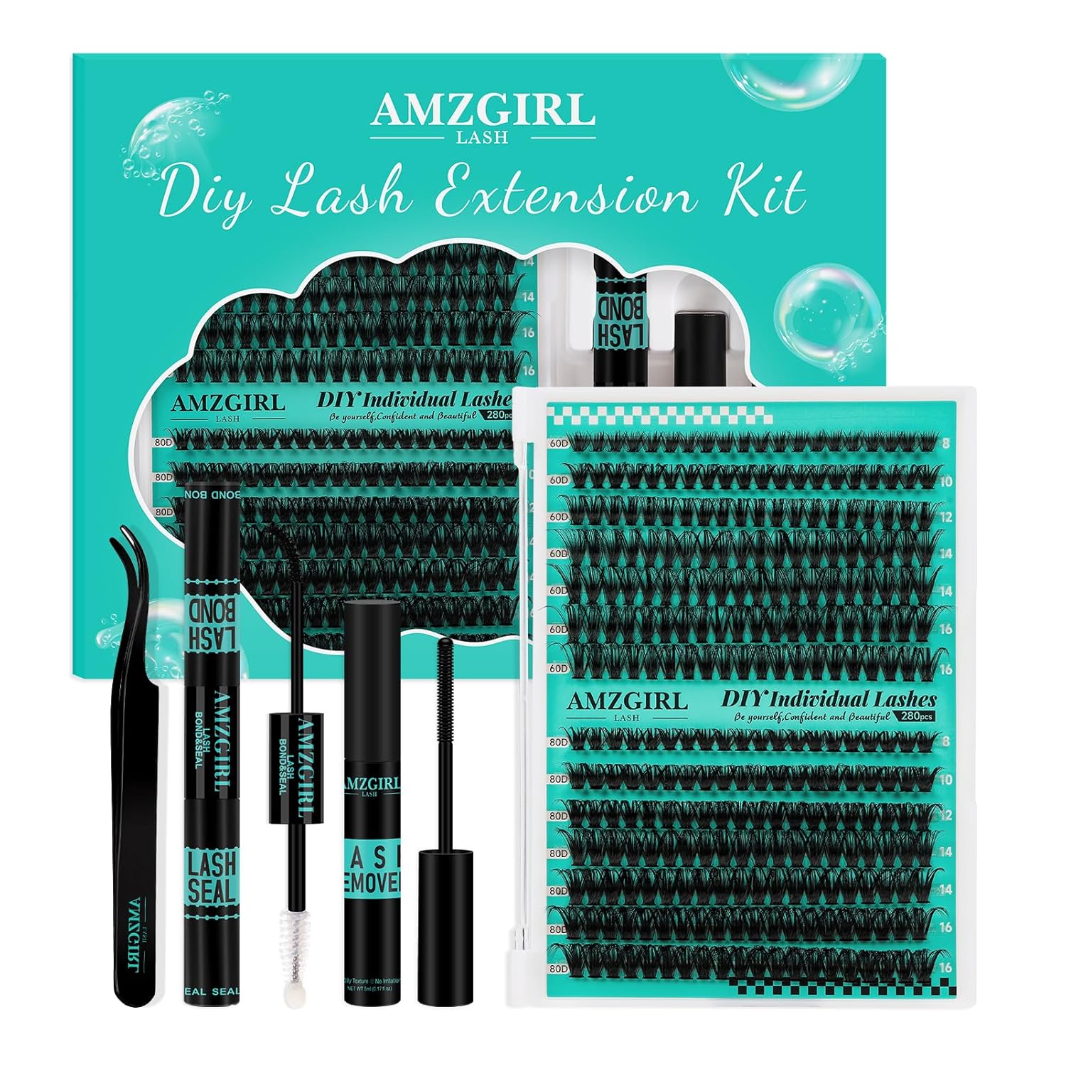 Lash Extension Kit 280Pcs,60D 80D Individual Lashes Clusters Kit,Lash Bond And Seal,Lash Remover For Eyelashes Extensions,Lash Applicator Tool For False Eyelash Cluster Kit At Home(D-Mix8-16mmKit)-GlimoraGlow