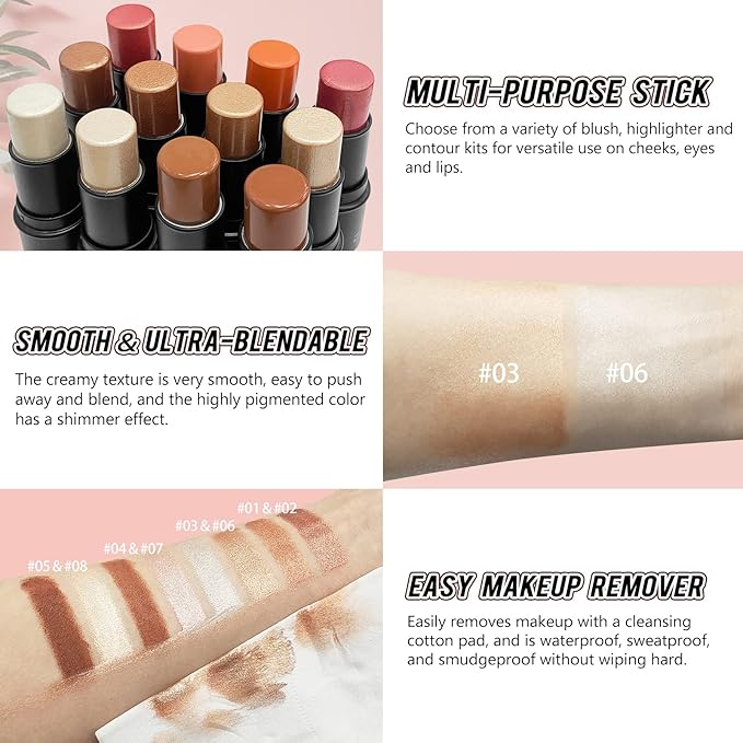 2 Pcs Cream Contour Stick Makeup Kit, Cream Highlighter Stick & Contour Bronzer Stick for Cheeks, Lightweight Blendable Smooth -Highlighter (#03 Champagne Gold #06 Silver)-GlimoraGlow