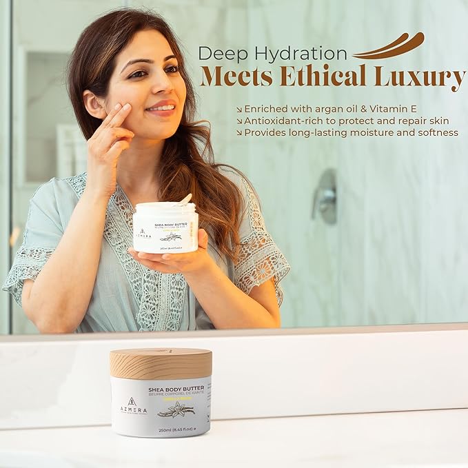 AZMERA Handcrafted Whipped Shea Body Butter – Luxurious Vanilla Bean Scented Moisturizer for Dry, Sensitive Skin, Argan Oil & Vitamin E – Vegan, Non-Greasy Skincare – 8.82 oz-GlimoraGlow