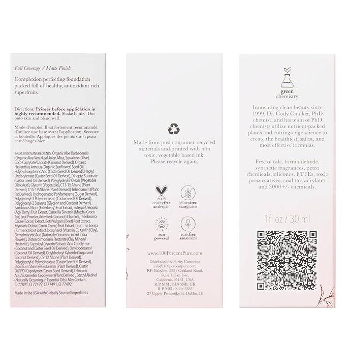 100% PURE Healthy Foundation Full Face Coverage Makeup, Liquid Matte Finish with Anti-Aging Benefits - Vegan Gorgeous Fruit Pigmented White Peach Color (Light with Warm Undertone) - 1 Fl Oz-GlimoraGlow