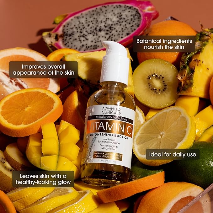 Advanced Clinicals Collagen Body Oil + Vitamin C Brightening Body Oil Moisturizer 2pc Skincare Set - Nourishing, Brightening, & Firming Massage Oil To Improve Look Of Crepe Skin + Dark Spots, 2PC Set-GlimoraGlow