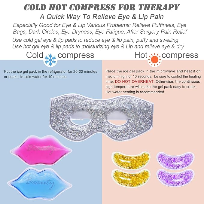 Ice Under Eye Patches Eye Mask Lip Care Gel Pads Treatment Mask Lip Mask, Cooling Eye Lip Gel Masks Cold Hot Therapy for Wrinkles Firming Swelling Cosmetic Bruising Reusable 7 Pack-GlimoraGlow
