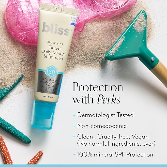 Bliss Block Star SPF 30 Daily Tinted Mineral Sunscreen with Zinc Oxide - All Skin Tones - 100% Mineral Broad Spectrum Sunscreen with Titanium Dioxide & Antioxidant Blend- 1.4 fl oz.-GlimoraGlow