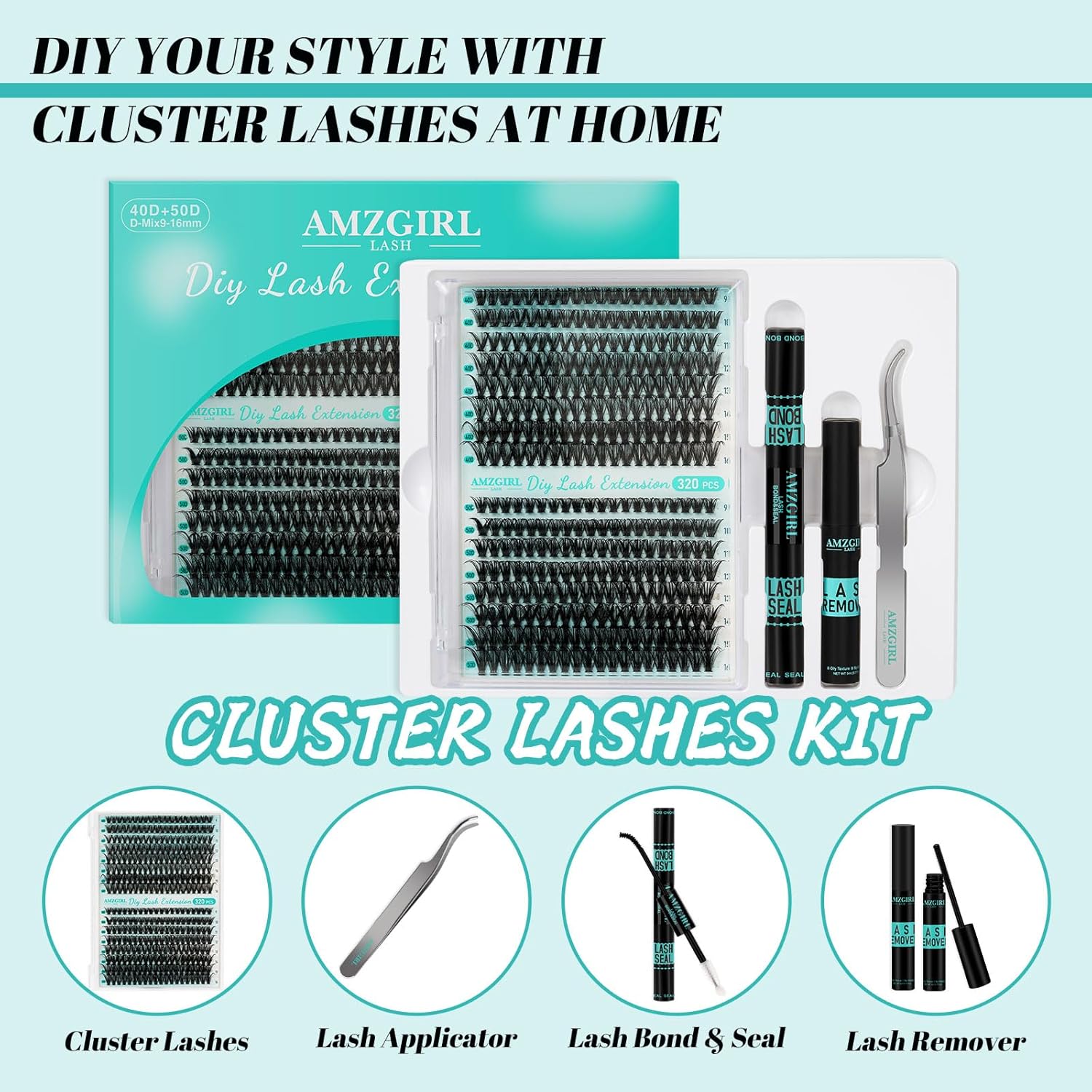 Lash Extension Kit 320Pcs,DIY Individual Lashes Clusters Kit,Lash Bond And Seal,Lash Remover For Eyelashes Extensions,Lash Applicator Tool For False Eyelash Cluster Kit At Home(40D50D,D-Mix9-16mmKit)-GlimoraGlow
