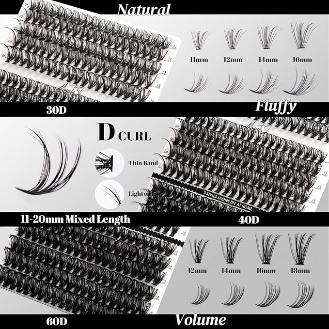 DIY Lash Extensions Kit 320pcs Individual Lashes Clusters 30D 40D 60D D Curl Eyelash Extension Kit with Applicator and Lash Bond&Seal, Lash Remover For False Eyelash Mix 11-20mm (30D+40D+60D KIT)-GlimoraGlow