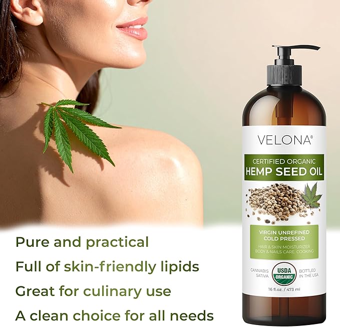 velona Hemp Seed Oil USDA Certified Organic - 16 Fl Oz | 100% Pure and Natural Carrier Oil | Unrefined, Cold Pressed | Hair, Body, Face & Skin Care-GlimoraGlow