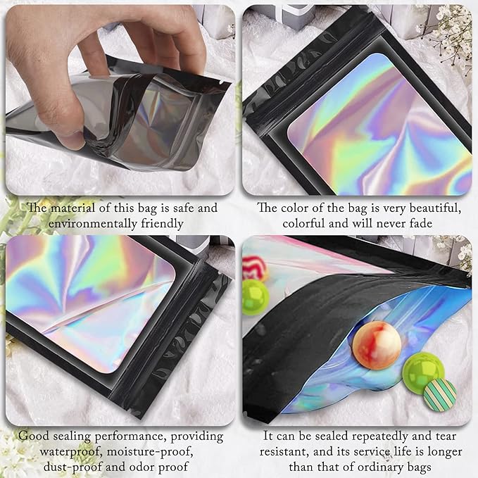 100 Pieces Smell Proof Mylar Bags, Holographic Packaging Bags, Resealable Odor Foil Pouch Zipper Bag with Clear Window for Food Storage and Lipgloss, Jewelry Lash (Black, 4 x 6 Inch)-GlimoraGlow