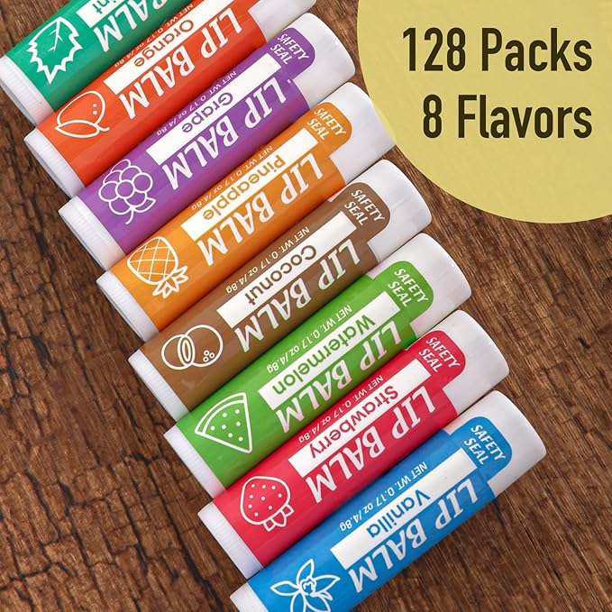 128 Pack Lip Balm, Natural Lip Balm Bulk with Vitamin E and Coconut Oil, Moisturizing Lip Balm for Dry Cracked Lips, Lip Balm for Stocking Stuffers - 8 Flavors-GlimoraGlow