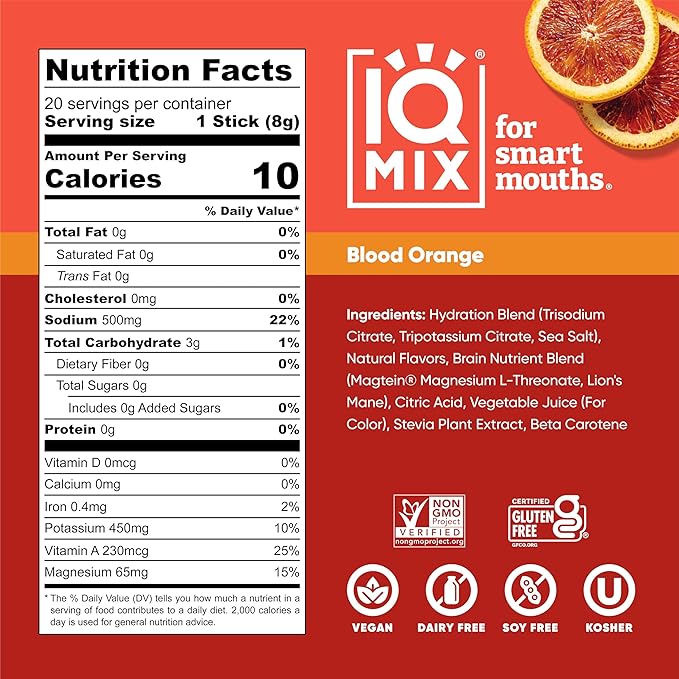 IQMIX Hydration Electrolyte Powder – 4-in-1 Formula for Hydration, Mental Clarity, Mood and Recovery – Sugar-Free Drink Mix, Keto, Magnesium L-Threonate, Lion’s Mane – 20 Count Blood Orange-GlimoraGlow
