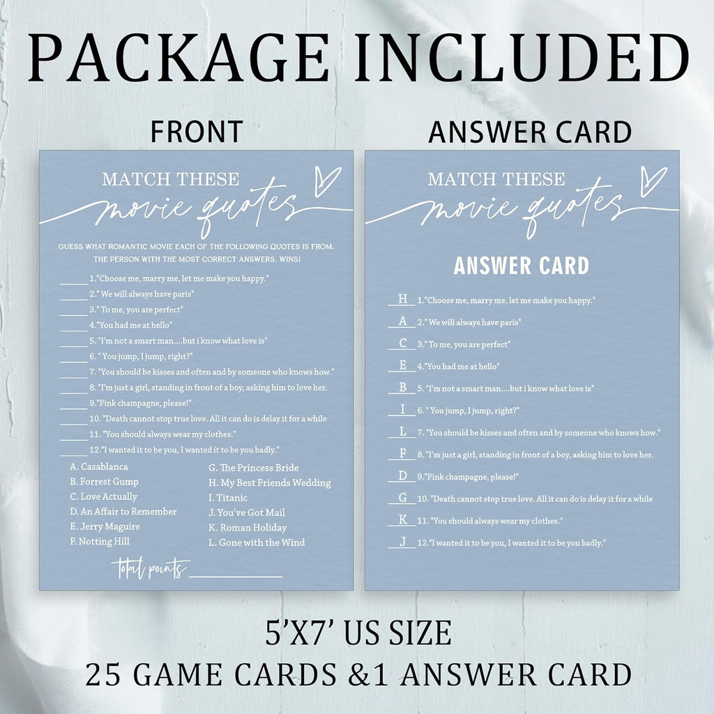 Fun Bridal Shower Games Match These Movie Quotes for Engagement Party Wedding Games 25 Game Cards with 1 Answer Card for 25 Guests Minimalist Blue Wedding Party Entertainment Supplies - B02