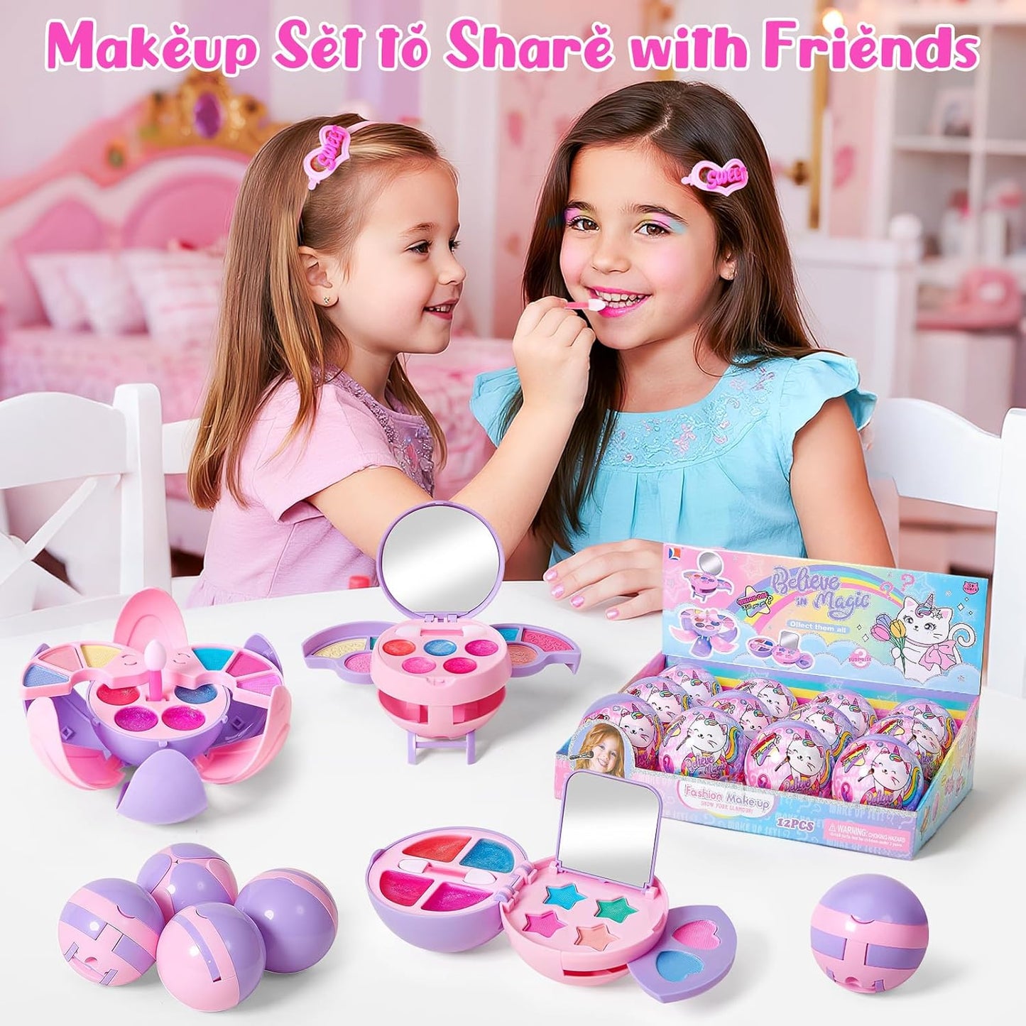 12 Pack Kids Makeup Blind Ball Party Favors - Surprise Cosmetic Blind Balls with Lip Gloss, Eyeshadow & Sponge Blusher (3 Styles, 2 with Mirrors), Party Favors Supplies Gifts for Girls-GlimoraGlow