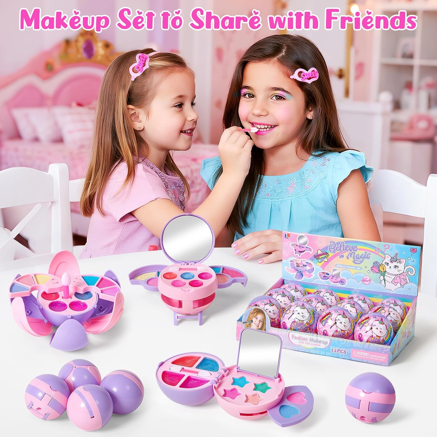 12 Pack Kids Makeup Blind Ball Party Favors - Surprise Cosmetic Blind Balls with Lip Gloss, Eyeshadow & Sponge Blusher (3 Styles, 2 with Mirrors), Party Favors Supplies Gifts for Girls-GlimoraGlow