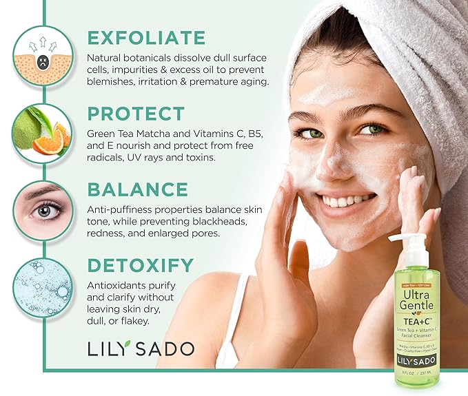 LILY SADO TEA+C™ Green Tea & Vitamin C Face Cleanser – Natural Vegan Antioxidant Daily Face Wash with Aloe, Rosehip, Meadowfoam - Gentle Deep Cleansing for Acne, Blackheads, Blemishes. 8 oz-GlimoraGlow