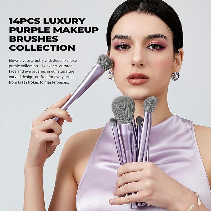 Jessup Makeup Brushes Set Professional 14pcs Vegan Make Up Brushes, Foundation Eyeshadow Concealer Contour Powder Blush Blending Eyeliner Brush, Premium Synthetic Fiber, Luxury Purple T512-GlimoraGlow