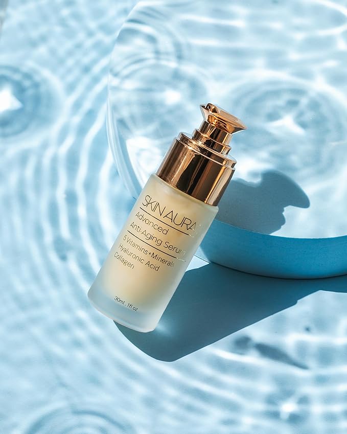 SKIN AURA Advanced Anti-Aging Serum - All-In-One Formula Visibly Improves Wrinkles, Fine Lines & Age Spots with 5 Vitamins + Minerals, Hyaluronic Acid & Collagen Peptides - 30ml (1oz)-GlimoraGlow