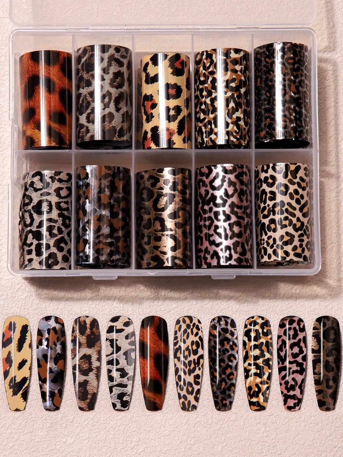 10 Rolls Leopard Print Nail Art Foils Transfer Stickers Animal Print Adhesive Decals Snake Cheetah Print Nail Foils Holographic Stickers Fall Nail Art Supplies for Women Autumn Nail Decorations-GlimoraGlow