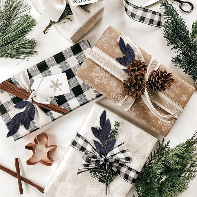 GREENTIME 12 Pack Artificial Black Glitter Leaves 13" Fake Decorative Glitter Sticks for Vase Christmas Tree DIY Wreath Crafts Fireplace Halloween Decor