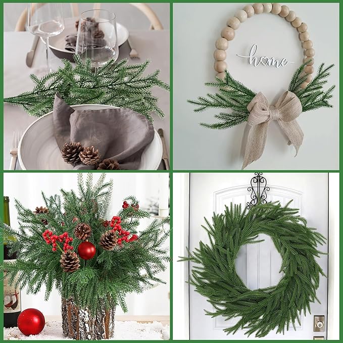 24 Pcs Christmas Norfolk Pine Branches, Artificial Pine Christmas Stems Real Touch Faux Greenery Pine Picks for Vase DIY Garland Wreath Home Indoor Outdoor Decoration