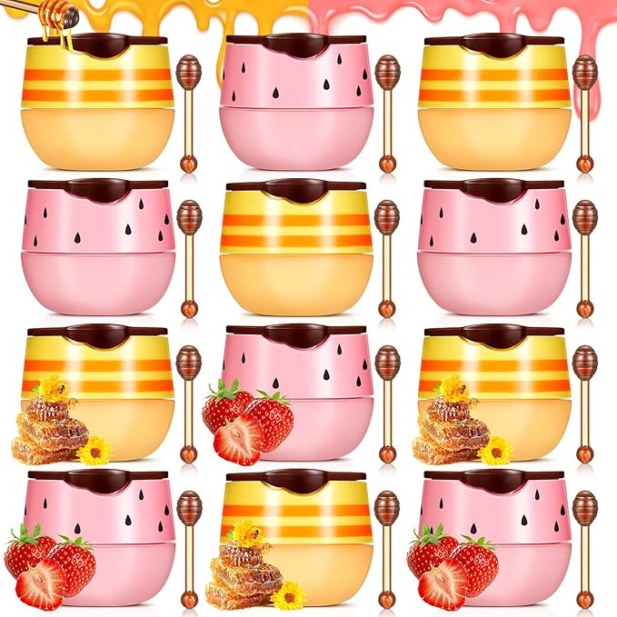12 Pcs Bee Lip Balm Honey Pot with Brush Propolis Lip Mask Overnight, Moisturizing Hydrating Lip Sleeping Mask Prevention Dry and Cracked(Honey+Strawberry)-GlimoraGlow