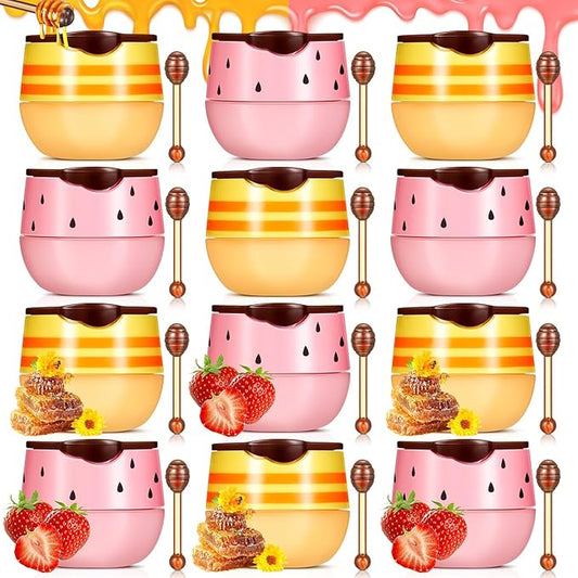 12 Pcs Bee Lip Balm Honey Pot with Brush Propolis Lip Mask Overnight, Moisturizing Hydrating Lip Sleeping Mask Prevention Dry and Cracked(Honey+Strawberry)-GlimoraGlow