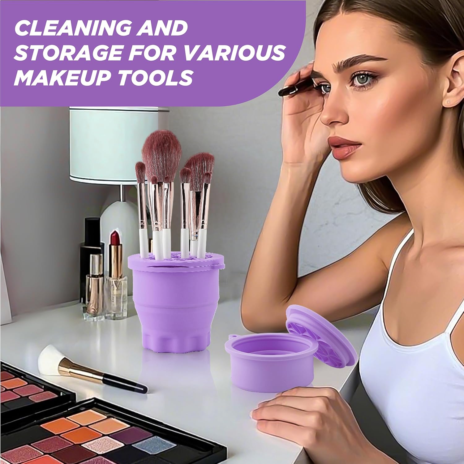 Makeup Brush Cleaner - Foldable Silicone Makeup Brush Cleaner Mat with Brush Storage Holder Makeup Brush Cleaning Bowl Cosmetic Brush Washing Tool for Cleaning Organizer and Drying (Purple)-GlimoraGlow