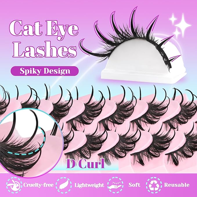 Losha Lashes Spiky Manga Lashes Wet Look Dramatic False Eyelashes 10 Pairs D Curl Cat Eye Lashes Kit with Lash Glue and Lash Tweezers Cosplay Anime Fake Eyelashes (Daring)-GlimoraGlow