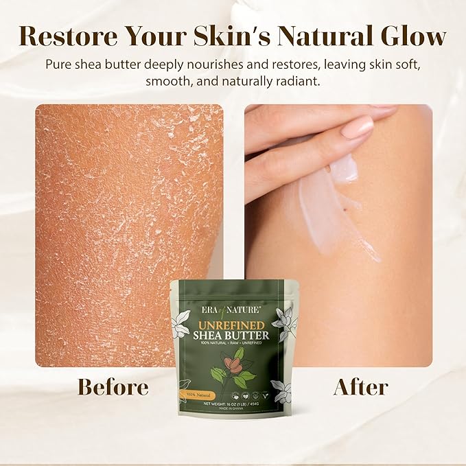 era of nature Organic Unrefined Raw African Ivory White Shea Butter 16oz - Moisturizing Raw Shea Butter Bar for Skin & Hair, DIY Lip Balm Base, Cream, Soap & Lotion Making Supplies Kit, Skincare-GlimoraGlow