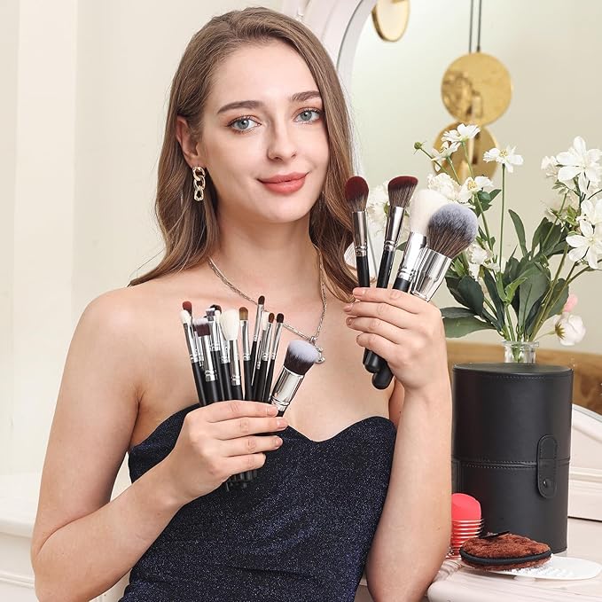 Bueart Design Pro makeup Artist 34Pcs Deluxe Real Goat Hair Horse hair Makeup Brushes Set with extra Large Holder High End Professional labeled makeup brush set with natural Pony Hair-GlimoraGlow