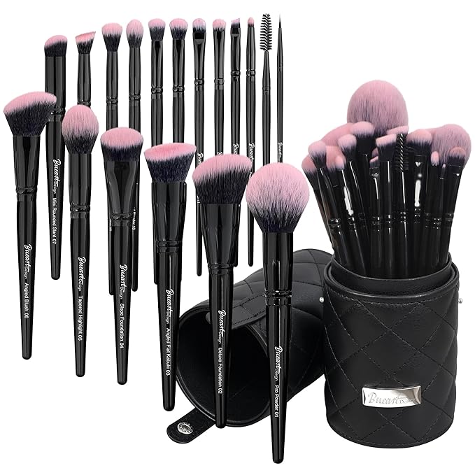 Bueart Design 18Pcs Pro Deluxe Fuchsia Pink Black Makeup Brushes set with Travel Make up Brush Holder case Foundation concealer contour Blush eyeshadow face make up brush set-GlimoraGlow