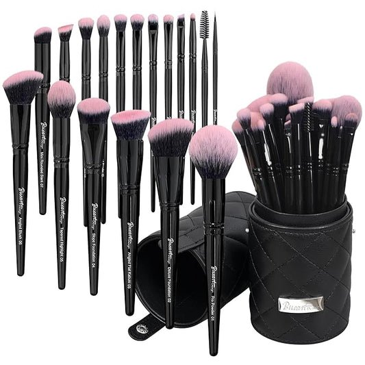 Bueart Design 18Pcs Pro Deluxe Fuchsia Pink Black Makeup Brushes set with Travel Make up Brush Holder case Foundation concealer contour Blush eyeshadow face make up brush set-GlimoraGlow