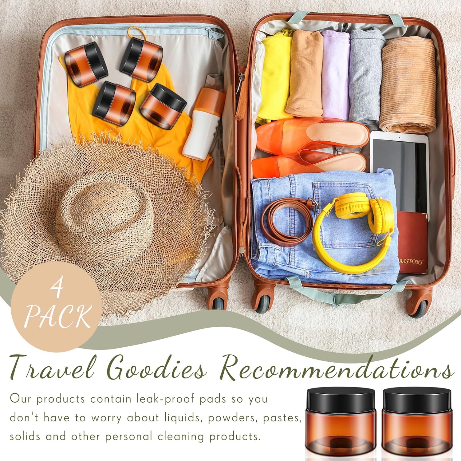 200 Pcs 2 oz Amber Plastic Cosmetic Container Jars with Lid Round Plastic Clear Jars Small Travel Containers for Storage Makeup Creams Lotion Ointments-GlimoraGlow