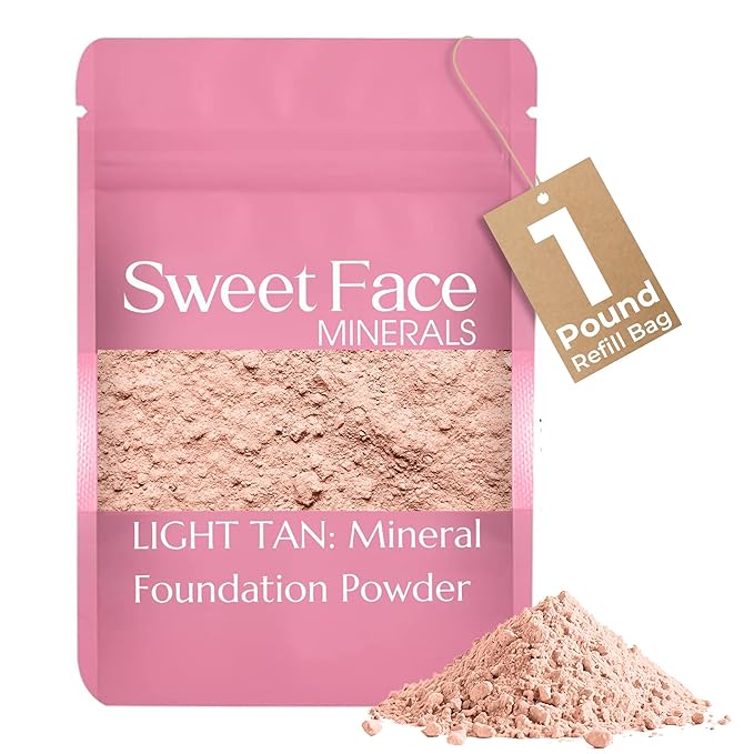 (1 Pound) (Light Tan) Foundation Powder Refill By Sweet Face Minerals, Lightweight Mineral Loose Makeup Powder with SPF 20, Full Coverage Flawless Finish, Talc-free, Cruelty-Free, Refill Pouch-GlimoraGlow